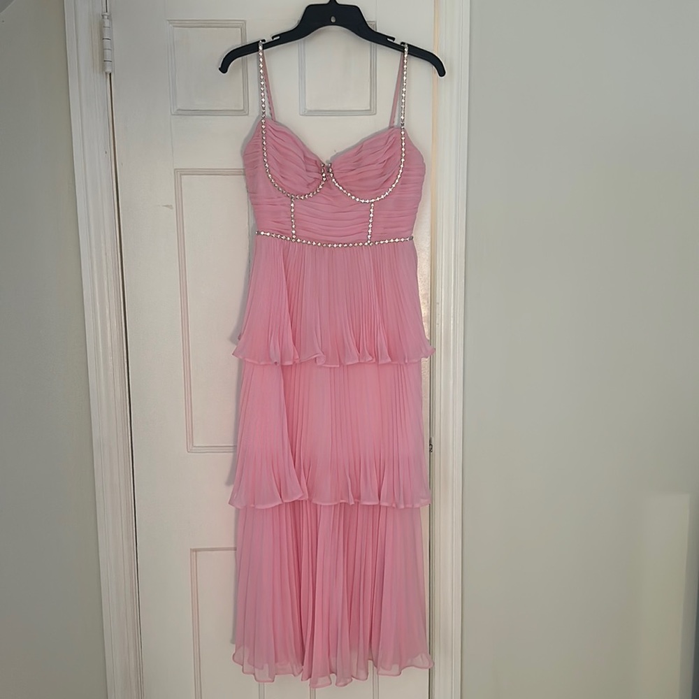 Self Portrait pink long chiffon tier ruffled Rhinestone dress